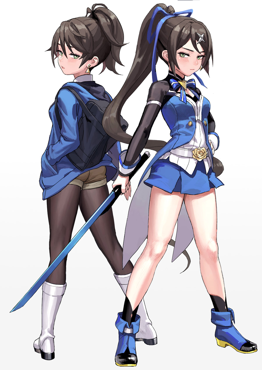 2girls ankle_boots ass bag blue_coat blue_footwear blue_hoodie blue_ribbon blue_skirt blush boots brown_hair brown_legwear closed_mouth coat contrapposto earrings fighting_stance fkey fold-over_boots from_behind green_eyes hair_ribbon hand_in_pocket hand_on_hip highres holding holding_sword holding_weapon hood hood_down hoodie jewelry long_hair long_sleeves looking_at_viewer looking_back medium_hair miniskirt multiple_girls original pantyhose parted_lips ribbon school_bag shirt shoulder_bag skirt sword tailcoat very_long_hair weapon white_shirt