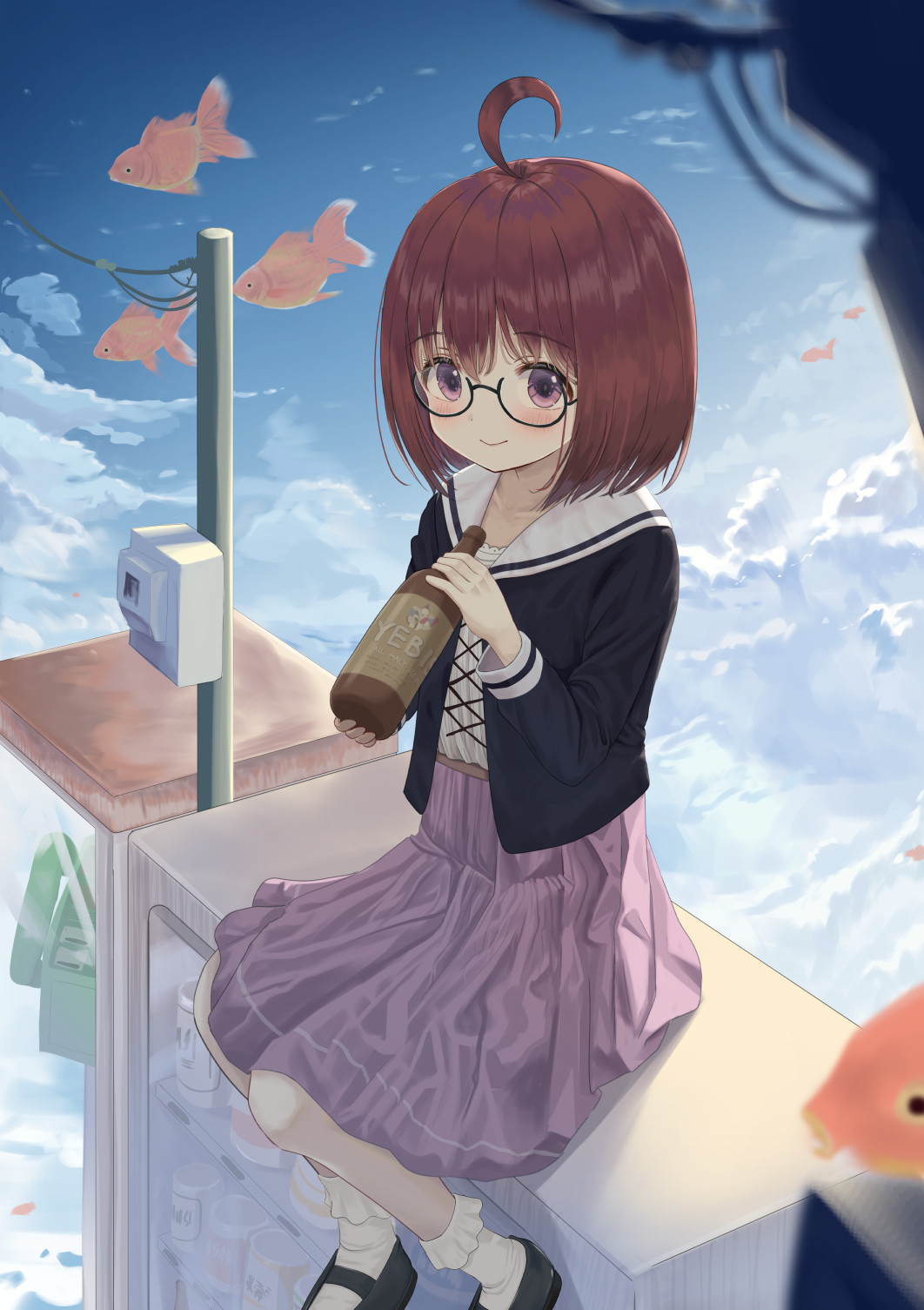 1girl ahoge animal bangs black-framed_eyewear black_footwear black_jacket blue_sky blurry blurry_foreground blush bobby_socks brown_hair closed_mouth clouds cloudy_sky commentary_request day depth_of_field eyebrows_visible_through_hair fish glasses goldfish hair_between_eyes highres jacket long_sleeves looking_at_viewer mimikaki_(men_bow) original outdoors pink_skirt round_eyewear sailor_collar shirt shoes sitting skirt sky smile socks solo vending_machine violet_eyes white_legwear white_sailor_collar white_shirt