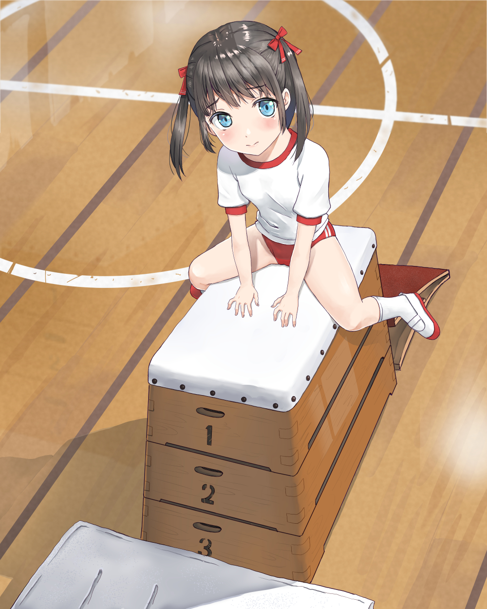 1girl akira_(gjvx3472) blue_eyes bow brown_hair buruma from_above full_body gym_uniform hair_bow highres indoors kneehighs legs long_hair looking_at_viewer looking_up mat original red_buruma ribbon shirt shoes short_sleeves sitting solo straddling thighs twintails vaulting_horse white_footwear white_legwear white_shirt