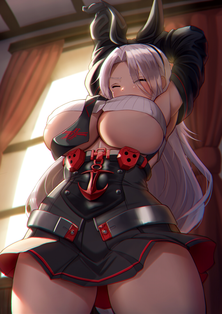 1girl anchor_symbol armpits arms_up azur_lane bangs bare_shoulders black_gloves black_neckwear black_ribbon black_skirt black_sleeves bodice breasts closed_eyes commentary_request cowboy_shot crop_top curtains detached_sleeves eyebrows_visible_through_hair from_below gloves hair_ribbon indoors iron_blood_(emblem) large_breasts long_hair maku_ro miniskirt mole mole_under_eye necktie parted_bangs pleated_skirt prinz_heinrich_(azur_lane) ribbed_shirt ribbon shirt sidelocks skirt sleeveless sleeveless_shirt solo standing stretch under_boob very_long_hair white_hair white_shirt window