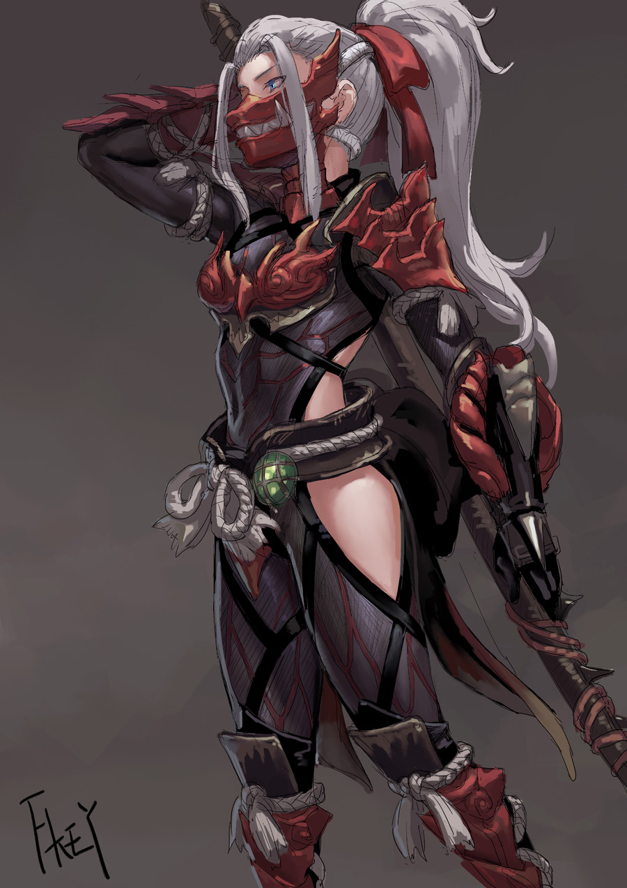 1girl armor black_gloves blue_eyes bodysuit boots character_request check_copyright copyright_request fkey gloves grey_background hand_up highres holding holding_polearm holding_weapon japanese_armor mask monster_hunter_(series) mouth_mask polearm ponytail rope shimenawa sidelocks simple_background solo weapon white_hair