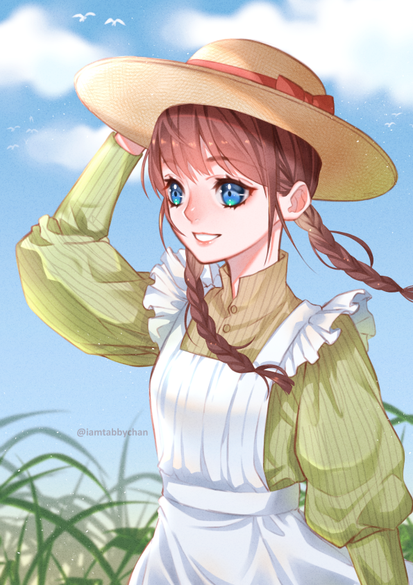 1girl apron bangs blue_eyes blue_sky bow braid brown_hair brown_shirt clouds day dress_shirt eyebrows_visible_through_hair floating_hair grin hair_bow hat hat_ribbon long_hair long_sleeves low_twintails original outdoors red_bow red_ribbon ribbon shirt sky smile solo straw_hat striped striped_shirt sun_hat tabby_chan twin_braids twintails twitter_username vertical-striped_shirt vertical_stripes white_apron yellow_headwear