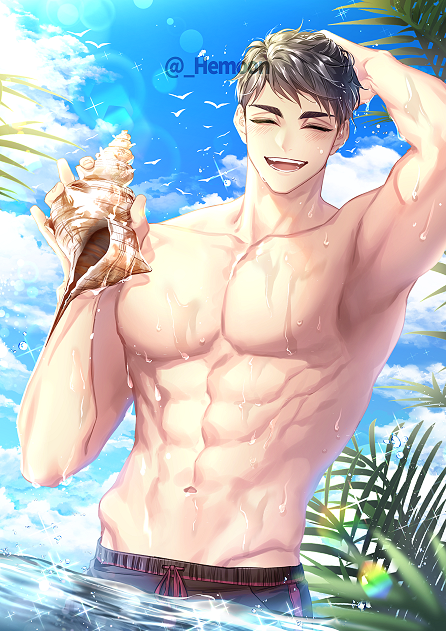 1boy :d abs arm_up armpits bangs beach bird black_hair blue_sky closed_eyes clouds day eyebrows facing_viewer grey_eyes haikyuu!! hand_on_head hemoon holding holding_shell male_focus male_swimwear male_underwear miya_osamu navel ocean open_mouth outdoors palm_tree partially_submerged pectorals seagull shell short_hair sky smile solo summer swim_trunks symbol-only_commentary teeth toned toned_male topless_male tree twitter_username underwear water wet