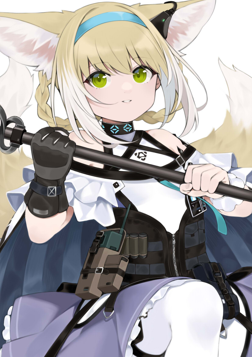 1girl animal_ears arknights bangs black_gloves blonde_hair braid bulletproof_vest commentary detached_sleeves e_draw_paint eyebrows_visible_through_hair eyes_visible_through_hair fox_ears fox_girl fox_tail gloves green_eyes hair_between_eyes hairband holding holding_staff kyuubi long_hair looking_at_viewer multiple_tails parted_lips pocket sidelocks simple_background single_glove smile solo staff suzuran_(arknights) symbol-only_commentary tail twin_braids white_background white_legwear zipper