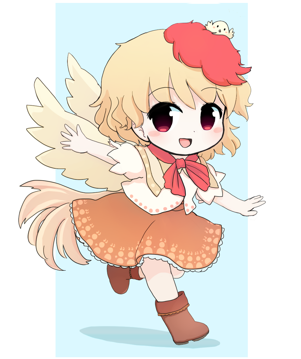1girl :d animal bangs bird bird_wings blonde_hair blue_background blush blush_stickers boots bow brown_footwear brown_skirt brown_wings chibi chick commentary eyebrows_visible_through_hair feathered_wings full_body highres looking_at_viewer niwatari_kutaka open_mouth puffy_short_sleeves puffy_sleeves red_bow red_eyes rei_(tonbo0430) revision running shadow shirt short_sleeves skirt smile solo tail_feathers touhou two-tone_background white_background white_shirt wings