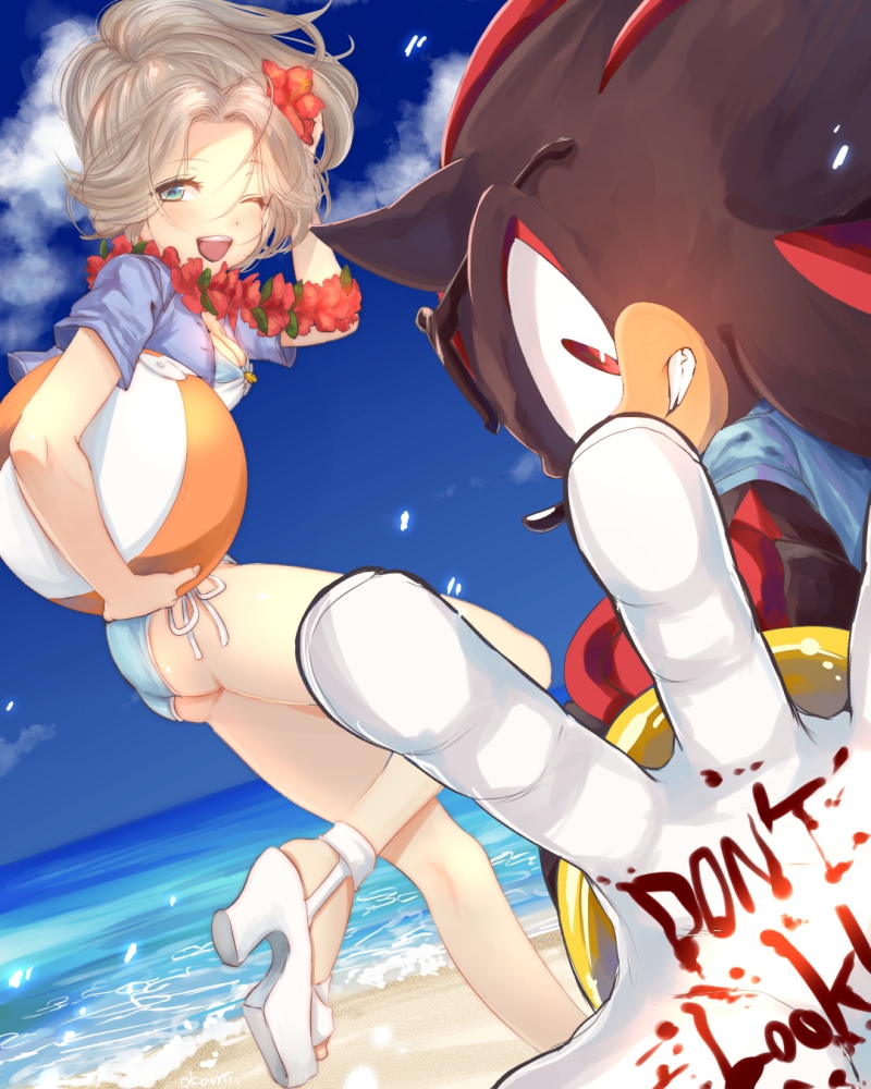 1boy 1girl ;d ass ball beach bikini blue_sky blush bracelet breasts clenched_teeth clouds flower furry furry_male gloves hair_flower hair_ornament high_heels holding holding_ball jacket jewelry looking_at_viewer maria_robotnik ocean one_eye_closed open_clothes open_hand open_jacket open_mouth parody red_eyes red_flower sand shadow_the_hedgehog shadow_the_hedgehog_(game) sky small_breasts smile sonic_(series) swimsuit teeth tondamanuke white_footwear white_gloves