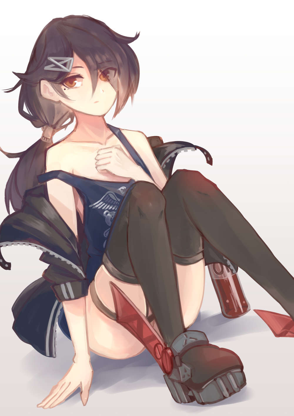 1girl azur_lane black_hair black_jacket black_legwear blue_shirt breasts brown_eyes cassin_(azur_lane) closed_mouth collarbone eyebrows_visible_through_hair hair_ornament hairclip hand_on_breast hand_on_floor highres jacket jacket_pull long_hair looking_at_viewer mole mole_under_eye on_floor open_clothes open_jacket ponytail sea_nami473 shirt small_breasts solo thigh-highs white_background