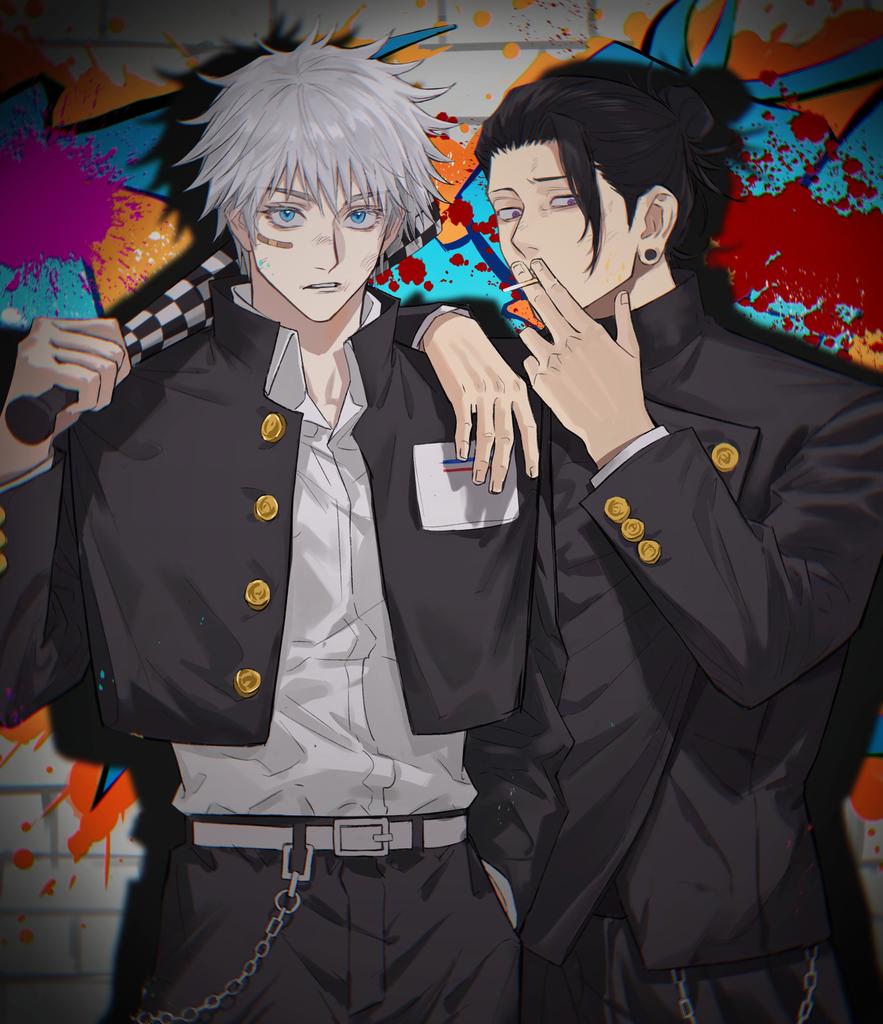 2boys arm_on_shoulder bandaid bandaid_on_face bangs baseball_bat belt black_hair black_jacket black_pants blue_eyes cigarette collared_shirt cowboy_shot ear_piercing gakuran gojou_satoru graffiti hair_between_eyes hair_bun hair_pulled_back hand_in_pocket hand_up holding holding_baseball_bat holding_cigarette jacket jujutsu_kaisen long_sleeves looking_at_viewer male_focus multiple_boys nino84391425 over_shoulder paint_splatter pants parted_lips piercing school_uniform shirt short_hair standing violet_eyes white_belt white_hair white_shirt