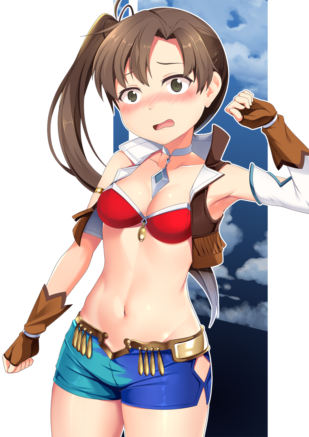 1girl ayanami_(kancolle) blue_shorts breasts brown_eyes brown_gloves brown_hair brown_vest calamity_jane_(fate) calamity_jane_(fate)_(cosplay) cosplay cowboy_shot cropped_vest detached_collar detached_sleeves fate/grand_order fate_(series) fingerless_gloves gloves green_shorts highres hip_vent kantai_collection long_hair navel open_clothes open_vest short_shorts shorts side_ponytail single_detached_sleeve small_breasts solo two-tone_shorts vest yasume_yukito yellow_vest