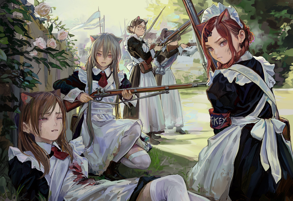 6+girls aiming animal_ears apron armband bag blood blood_stain braid braided_bun brown_hair collar crying crying_with_eyes_open cuffs dress earrings eyebrows_visible_through_hair feiqizi_(fkey) fence firing_squad fkey flag flower frills glasses gun hair_between_eyes hair_ornament hairclip injury jewelry kneehighs kneeling loafers long_hair long_sleeves looking_at_viewer looking_back lying maid maid_apron maid_headdress multiple_girls musket neckerchief necktie on_back original outdoors ponytail red_eyes redhead rose sash satchel shadow shoes silver_hair sleeve_cuffs sling stained_clothes standing tears war weapon wince worried