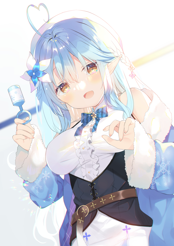 1girl :d ahoge backlighting belt beret blue_flower blue_hair blue_jacket blurry blurry_background braid breasts brown_belt brown_eyes center_frills depth_of_field flower frills fur-trimmed_jacket fur-trimmed_sleeves fur_trim hair_flower hair_ornament hat heart_ahoge holding hololive jacket long_hair long_sleeves looking_at_viewer medium_breasts off_shoulder open_clothes open_jacket open_mouth pink_nails pointy_ears rattle shirt sleeves_past_wrists smile solo underbust very_long_hair virtual_youtuber white_flower white_headwear white_shirt wide_sleeves yuizaki_kazuya yukihana_lamy