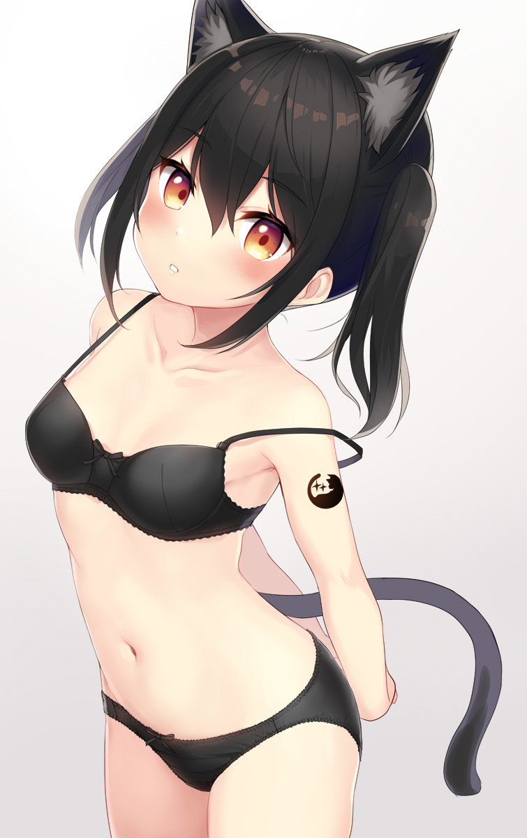 1girl animal_ears arm_tattoo arms_behind_back bare_arms black_hair blush bow bow_panties bra breasts brown_eyes cat_ears cat_girl cat_tail collarbone commentary_request cowboy_shot extra_ears hair_between_eyes highres looking_at_viewer minamura_haruki navel original panties sidelocks simple_background small_breasts solo standing stomach strap_slip tail tattoo twintails underwear underwear_only