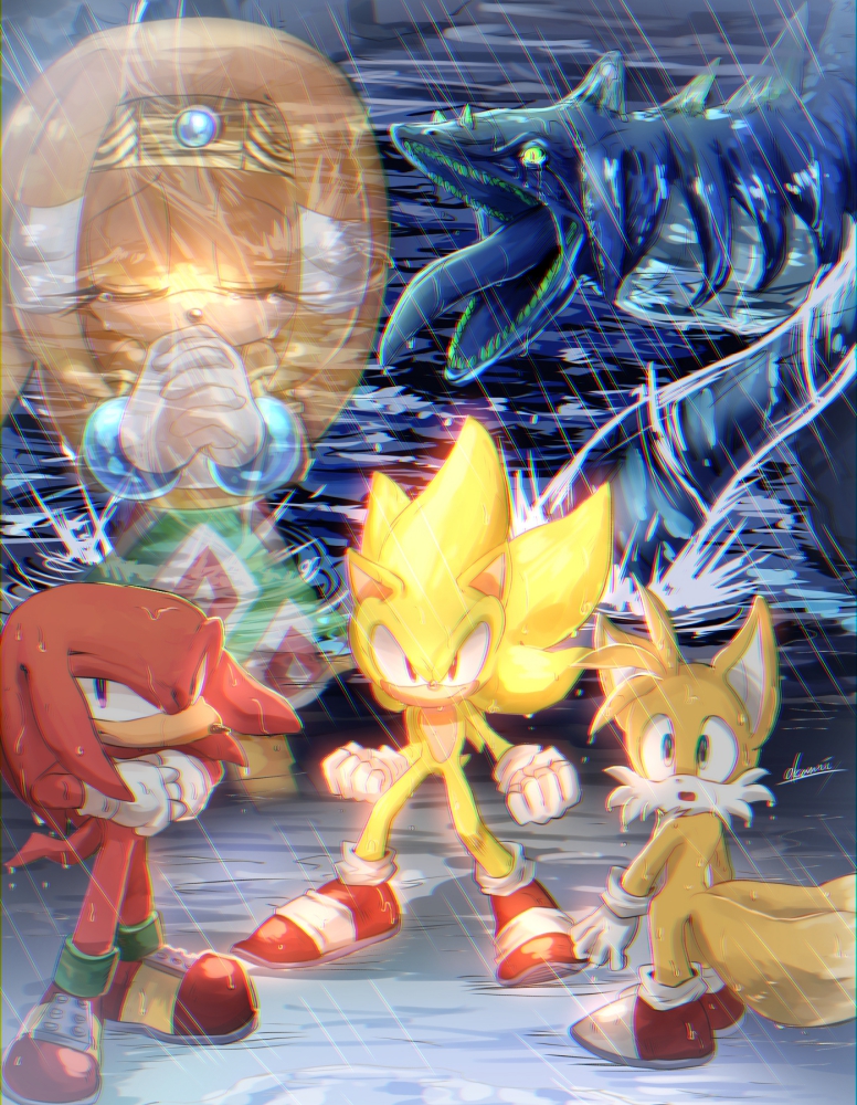 1girl 3boys :o animal_nose blue_eyes chaos_(sonic) clenched_hands flood furry furry_male gloves kaijuu knuckles_the_echidna multiple_boys multiple_tails own_hands_together praying rain red_eyes red_footwear serious shoes sneakers sonic_(series) sonic_adventure sonic_the_hedgehog spirit standing super_sonic tail tails_(sonic) tikal_the_echidna tondamanuke two_tails violet_eyes water wet white_gloves