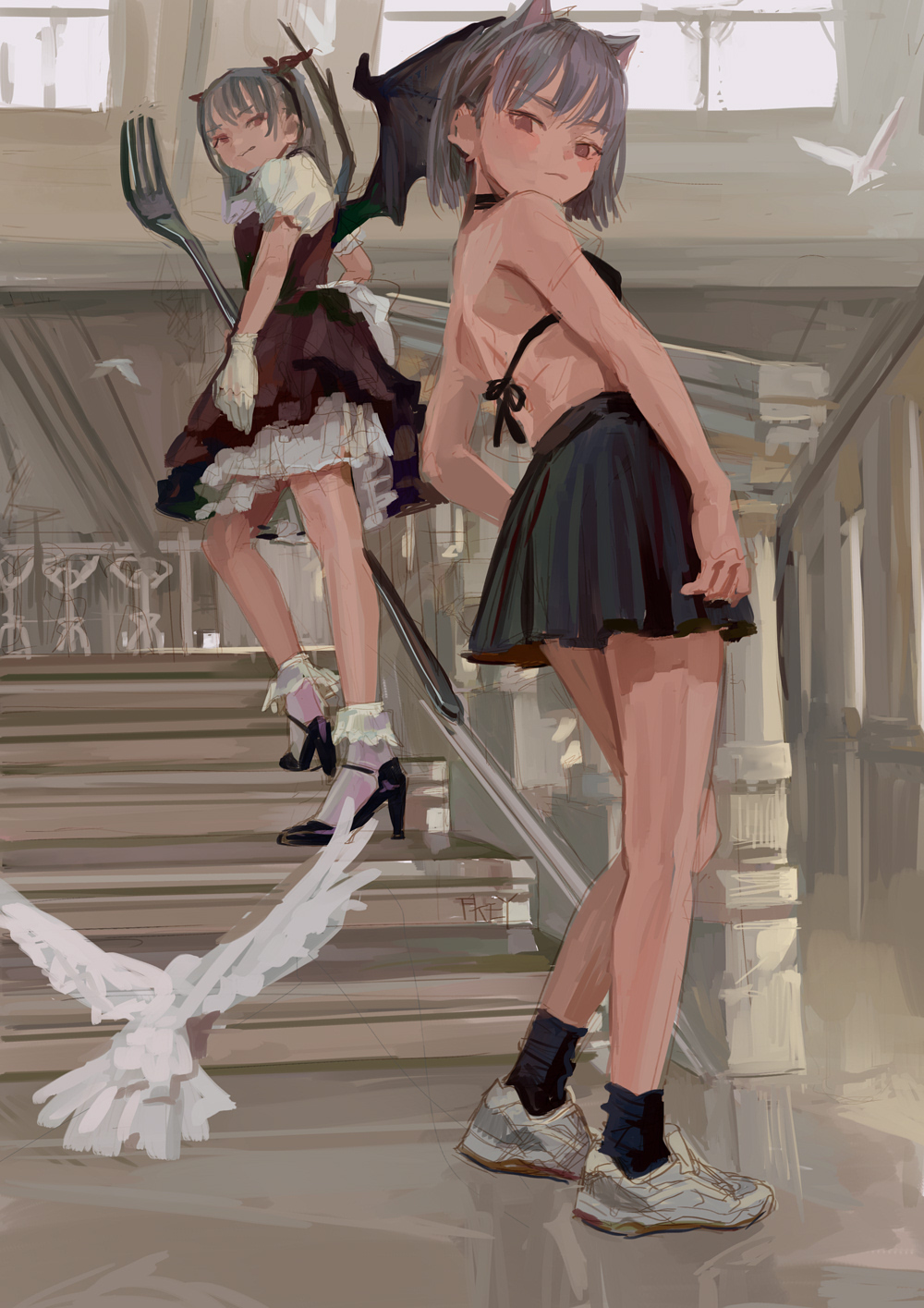 2girls animal_ears bat_wings bikini bikini_skirt bird black_bikini black_choker black_footwear black_legwear black_skirt cat_ears choker contrapposto dove dress fkey fork from_behind gloves grey_footwear grey_hair high_heels highres holding holding_fork indoors looking_at_viewer looking_back medium_hair miniskirt multiple_girls original red_dress red_eyes shoes sketch skirt smile socks stairs swimsuit white_gloves wings