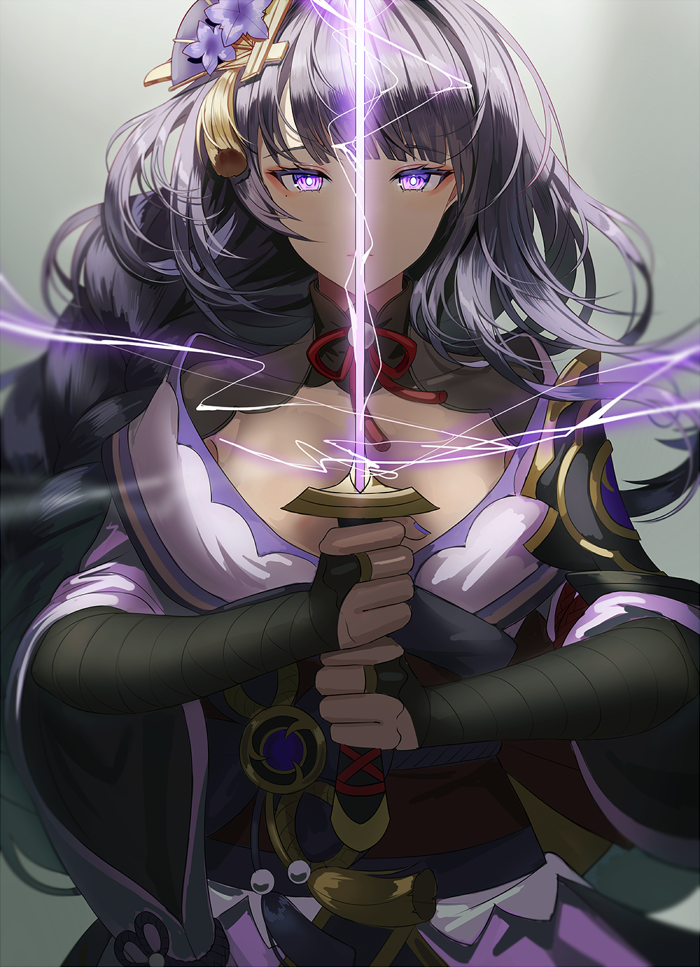 1girl armor bangs braid breasts bridal_gauntlets closed_mouth commentary_request electricity eyebrows_visible_through_hair eyeliner floral_print flower genshin_impact hair_ornament holding holding_sword holding_weapon japanese_clothes kimono large_breasts long_hair long_sleeves looking_at_viewer makeup mole mole_under_eye obi obiage obijime purple_flower purple_hair purple_nails raiden_shogun ribbon sash shoulder_armor silence_girl simple_background solo sword tassel upper_body violet_eyes weapon wide_sleeves