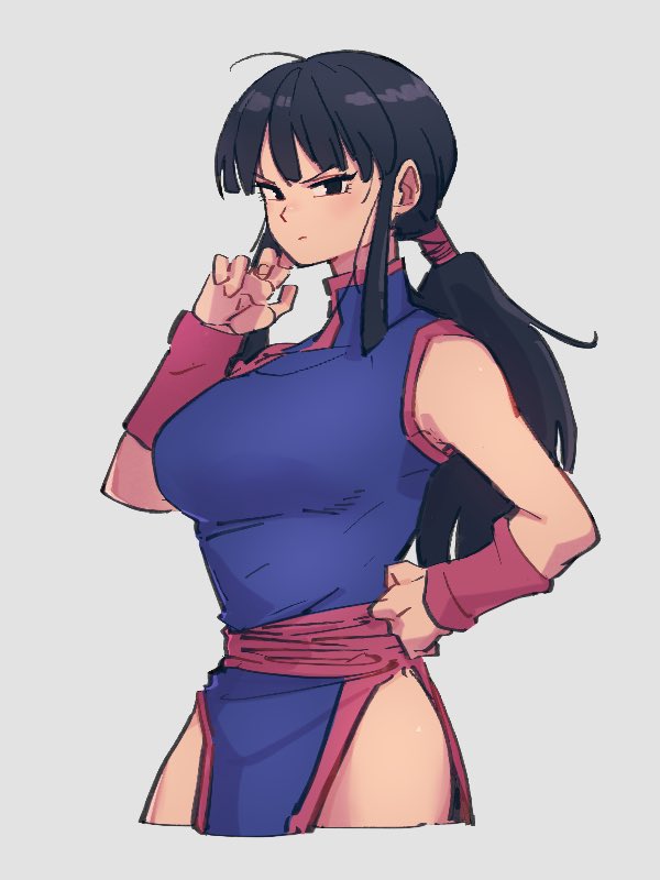 1girl black_eyes black_hair blue_dress breasts chi-chi_(dragon_ball) china_dress chinese_clothes closed_mouth dragon_ball dragon_ball_(classic) dress grey_background hand_on_hip kemachiku large_breasts long_hair looking_at_viewer ponytail simple_background solo thighs