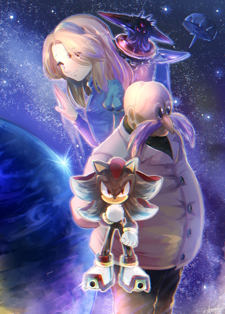1girl 3boys alien black_doom blonde_hair blue_hairband bracelet buttons earth_(planet) facial_hair fat fat_man furry furry_male gerald_robotnik gloves grandfather_and_granddaughter hairband jewelry maria_robotnik multiple_boys mustache old old_man planet red_eyes shadow_the_hedgehog shadow_the_hedgehog_(game) sonic_(series) sonic_adventure_2 space space_colony tondamanuke white_gloves