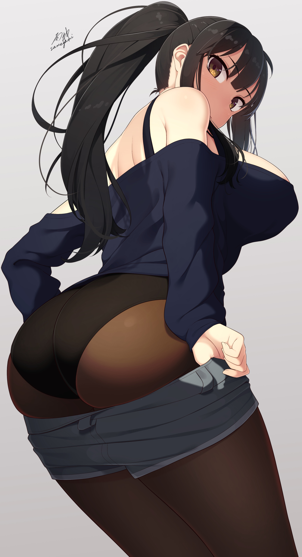 1girl ass bare_shoulders black_bra black_hair black_leotard blue_sweater bra breasts brown_eyes brown_legwear clothes_pull commentary_request denim denim_shorts from_side grey_background highres large_breasts leotard long_hair long_sleeves looking_at_viewer looking_to_the_side off-shoulder_sweater off_shoulder original pantyhose ponytail pulled_by_self samegami short_shorts shorts shorts_pull simple_background solo standing sweater underwear