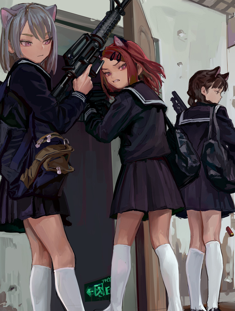 3girls animal_ears assault_rifle black_sailor_collar black_serafuku black_shirt black_skirt bob_cut braid brown_hair cat_ears clenched_teeth closed_mouth fkey from_behind grey_hair gun hair_ornament hairclip holding holding_gun holding_weapon kneepits looking_at_viewer looking_back medium_hair miniskirt multiple_girls original pink_eyes redhead rifle sailor_collar school_uniform serafuku shirt shotgun shotgun_shells skirt socks standing teeth trigger_discipline twin_braids weapon weapon_request white_legwear