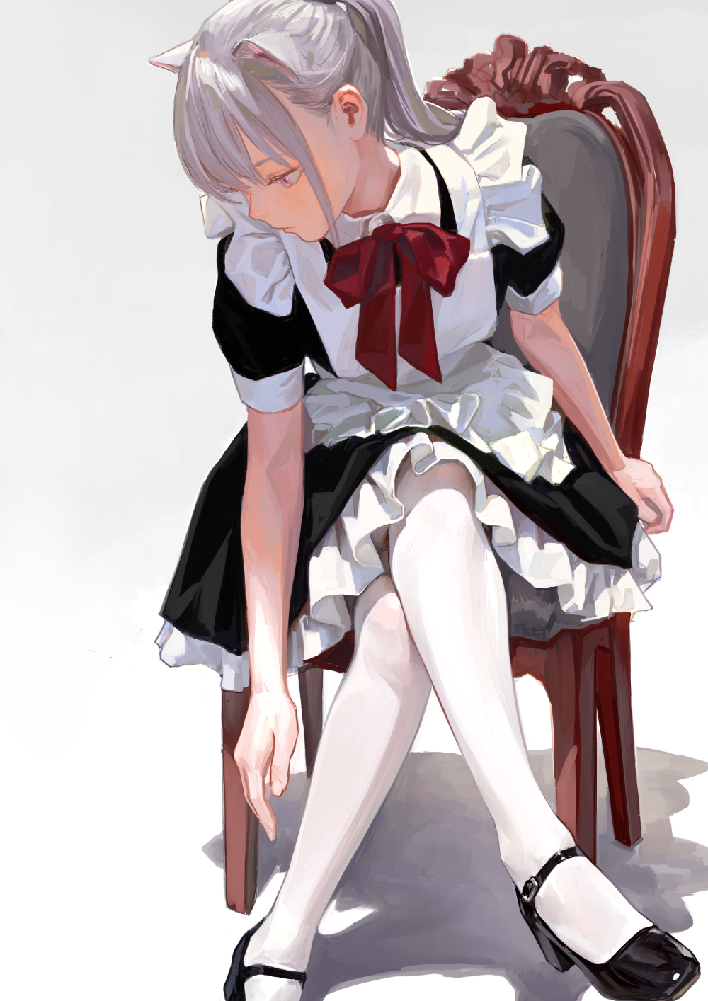 1girl adjusting_footwear animal_ears apron black_dress black_footwear bow bowtie cat_ears chair closed_mouth crossed_legs dress feiqizi_(fkey) fkey grey_hair highres maid maid_apron mary_janes on_chair original pantyhose pinafore_dress pink_eyes ponytail puffy_short_sleeves puffy_sleeves red_bow red_neckwear shoes short_sleeves simple_background sitting solo white_apron white_background white_legwear