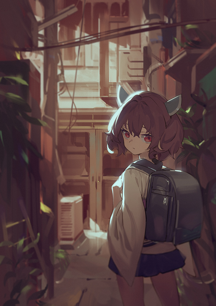 1girl alley animal_ears backpack bag blue_skirt blurry blurry_background brown_hair building closed_mouth commentary cowboy_shot door fake_animal_ears hair_between_eyes hands_up headgear leaf looking_at_viewer looking_back plant red_eyes shirt short_hair skirt solo touhoku_kiritan voiceroid white_shirt wide_sleeves yamamomo_(plank)