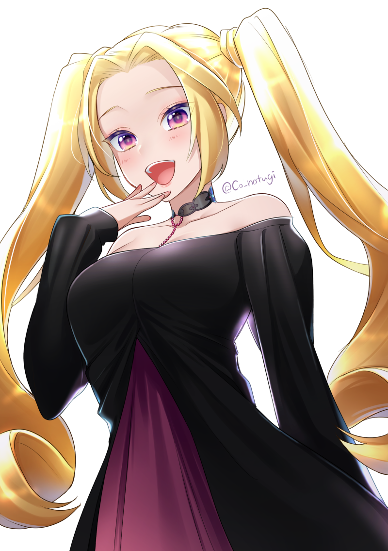 1girl :d black_choker black_dress blonde_hair choker covering_mouth dress hand_over_own_mouth hand_up long_hair long_sleeves looking_at_viewer notsugi_(sasasasa_oriori) off-shoulder_dress off_shoulder open_mouth original signature simple_background smile solo twintails violet_eyes white_background