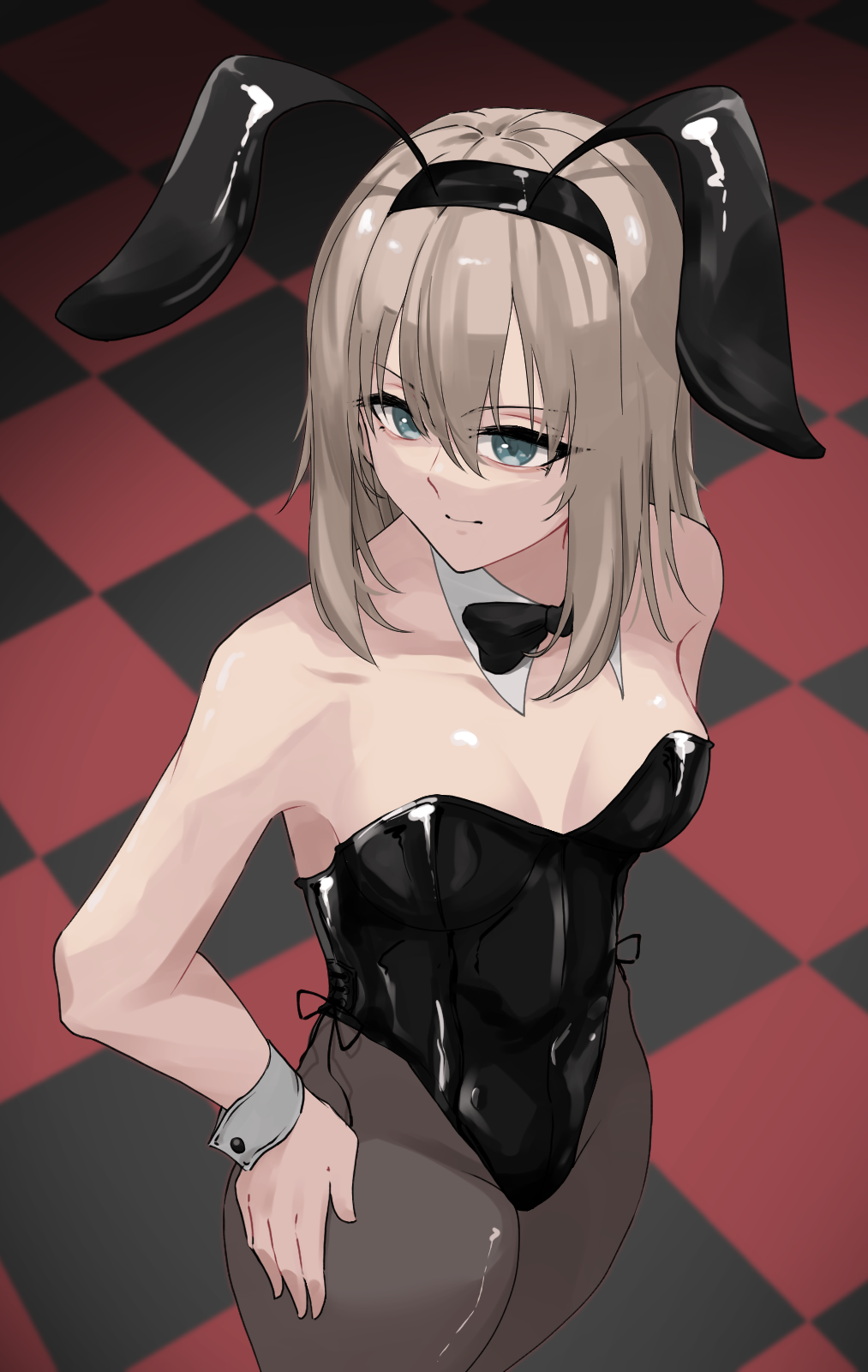 1girl alternate_breast_size animal_ears bangs black_legwear black_leotard blue_eyes bow bowtie breasts checkered checkered_floor cowboy_shot detached_collar girls_und_panzer hand_on_hip highres itsumi_erika leotard looking_to_the_side medium_hair pantyhose playboy_bunny rabbit_ears rabbit_tail small_breasts solo standing tail wrist_cuffs yaegashi_isa