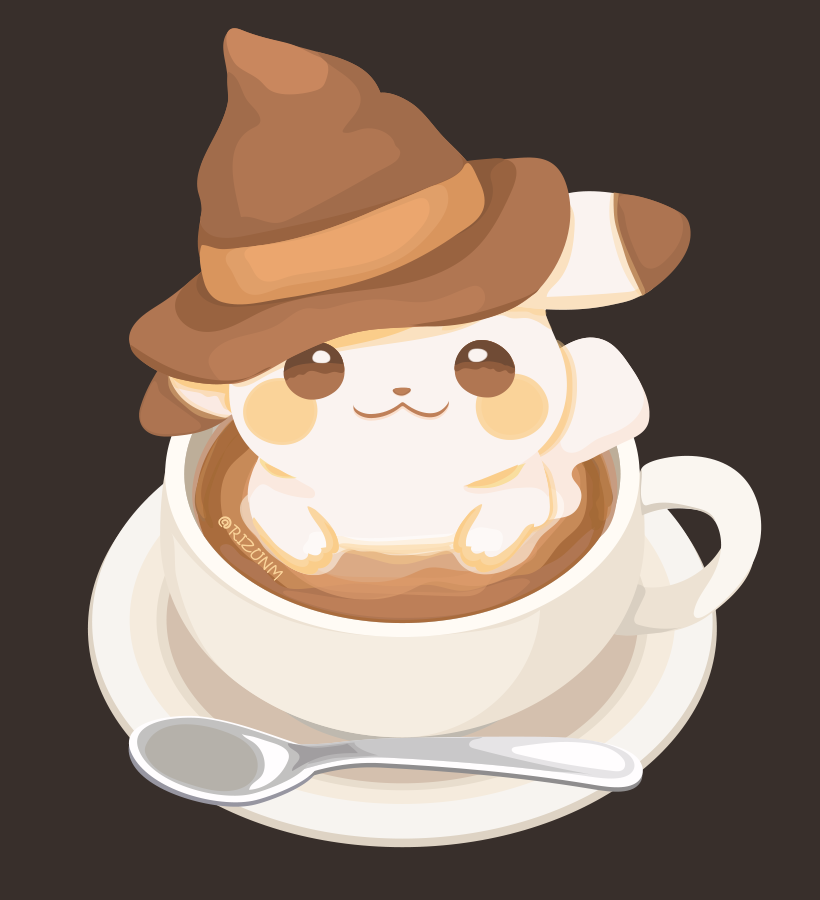 :3 blush_stickers brown_eyes brown_headwear closed_mouth cup hat hatted_pokemon liquid looking_at_viewer looking_up pikachu pokemon rizu_(rizunm) saucer smile spoon teacup twitter_username