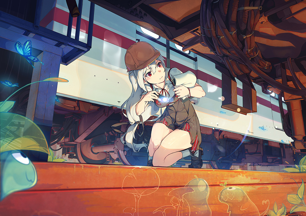 1girl bug butterfly caisan clipboard flashlight hard_translated kneeling leaning_forward loafers long_hair original outdoors red_eyes shoes socks solo third-party_edit train_interior white_hair