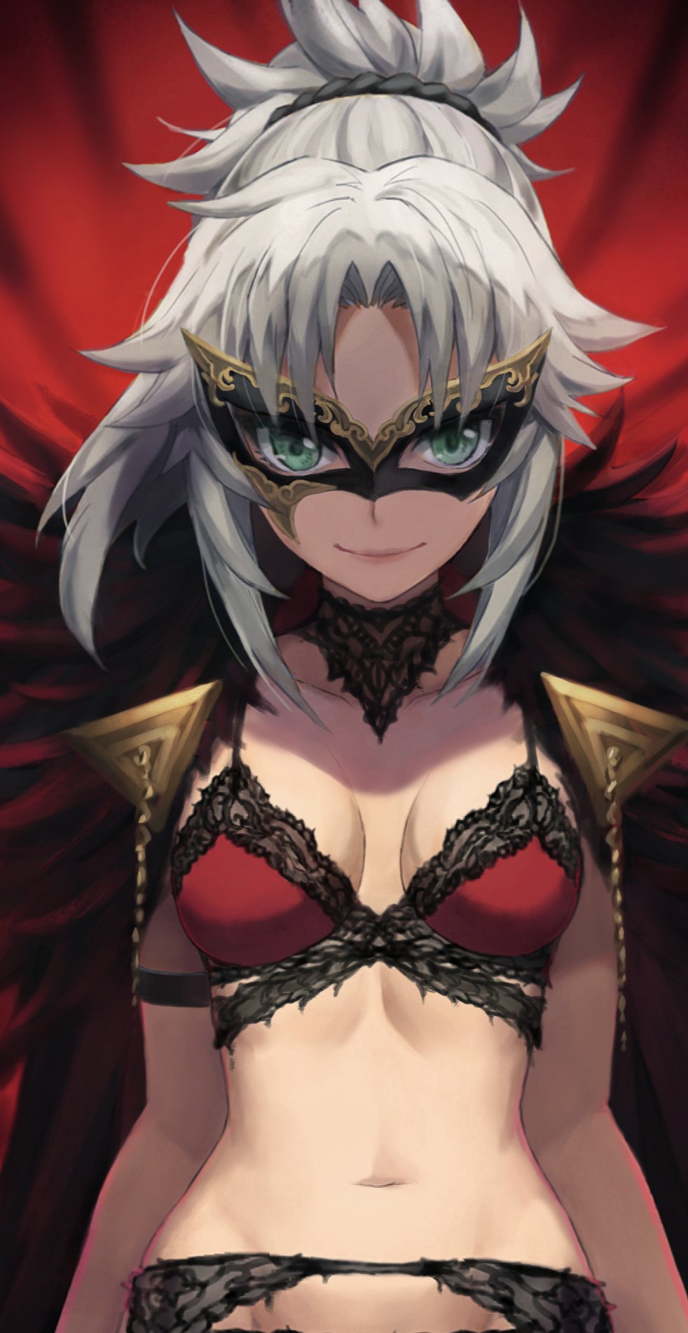 1girl bangs blonde_hair bra braid breasts choker fate/apocrypha fate_(series) french_braid green_eyes hair_ornament hair_scrunchie highres long_hair looking_at_viewer mask mordred_(fate) mordred_(fate/apocrypha) parted_bangs ponytail red_bra scrunchie sidelocks small_breasts smile solo tonee underwear