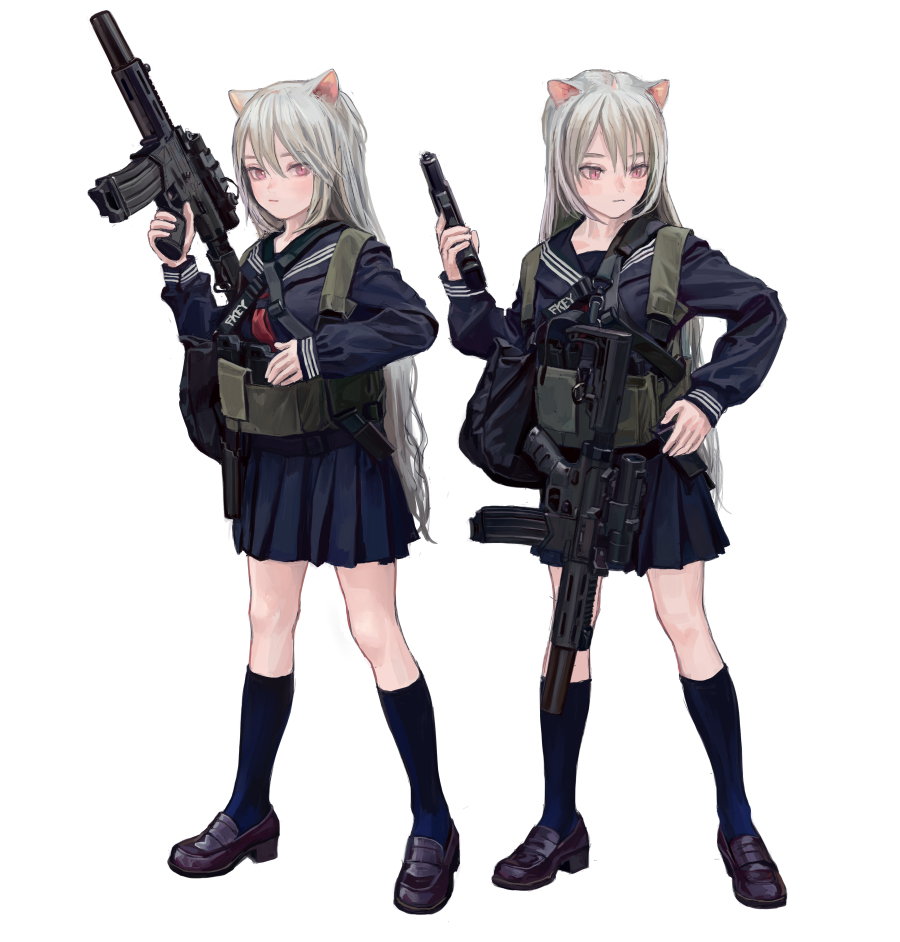 1girl animal_ears assault_rifle blue_legwear blue_sailor_collar blue_shirt blue_skirt brown_footwear cat_ears closed_mouth fkey grey_hair gun hand_up handgun holding holding_gun holding_weapon loafers long_hair long_sleeves looking_at_viewer miniskirt multiple_views neckerchief original pink_eyes pistol red_neckwear rifle sailor_collar shirt shoes simple_background skirt socks tactical_clothes weapon weapon_request white_background