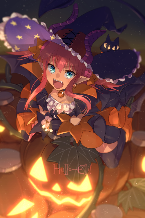 1girl asymmetrical_horns bangs black_cat blue_eyes blush breasts cat curled_horns dragon_girl dragon_horns dragon_tail dress echo_(circa) elizabeth_bathory_(fate) elizabeth_bathory_(fate)_(all) elizabeth_bathory_(halloween_caster)_(fate) fate/grand_order fate_(series) halloween hat horns jack-o'-lantern long_hair looking_at_viewer open_mouth pink_hair pointy_ears small_breasts striped tail vertical-striped_dress vertical_stripes witch_hat