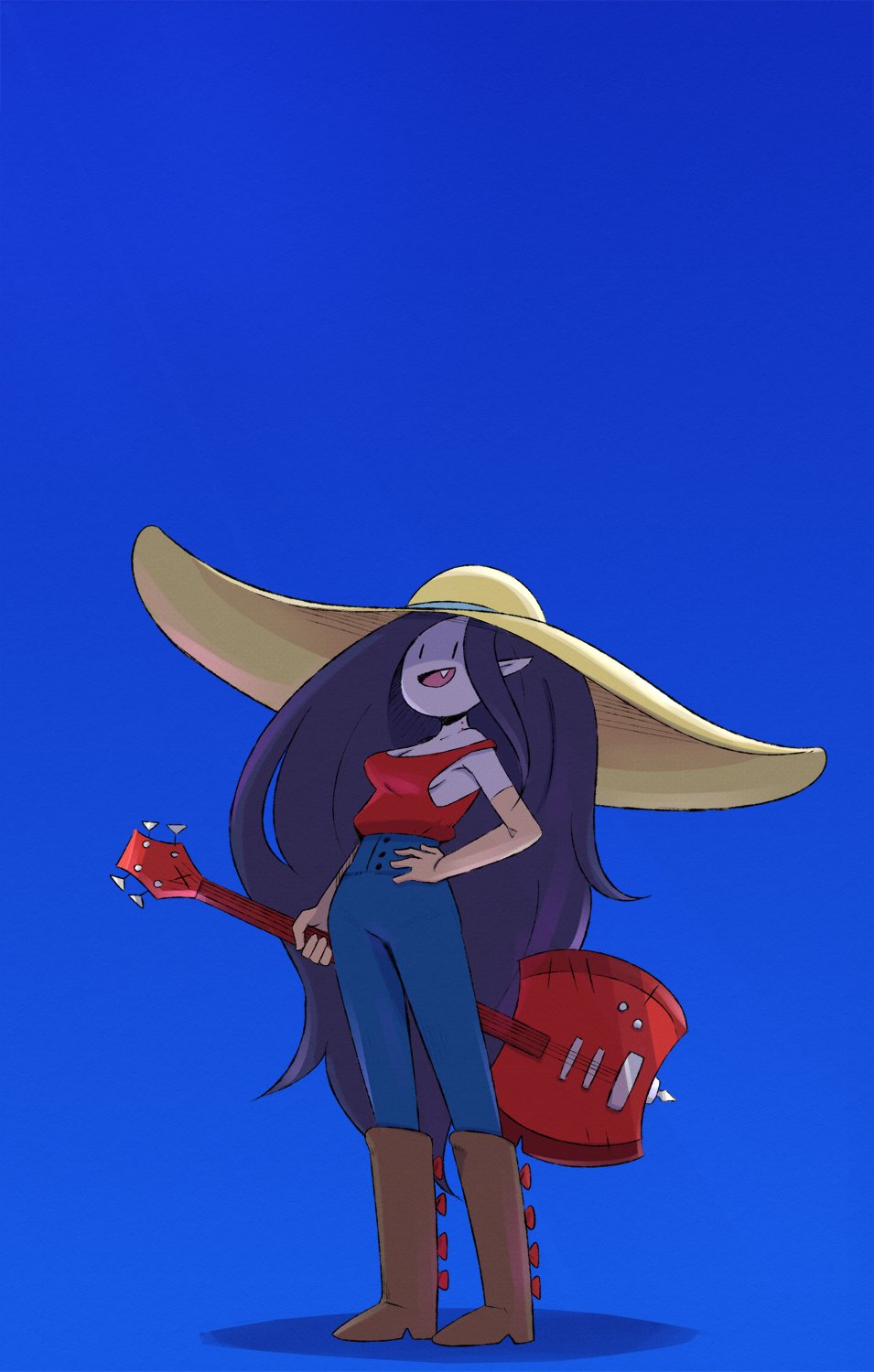 1girl :d adventure_time axe bite_mark black_eyes black_hair blue_background boots breasts colored_skin denim elbow_gloves fangs full_body gloves grey_skin guitar hand_on_hip hat highres holding holding_instrument instrument jeans knee_boots long_hair looking_up marceline_abadeer medium_breasts open_mouth pants pointy_ears red_tank_top roxy_prog shadow smile solo standing sun_hat symbol-only_commentary tank_top vampire very_long_hair yellow_gloves yellow_headwear