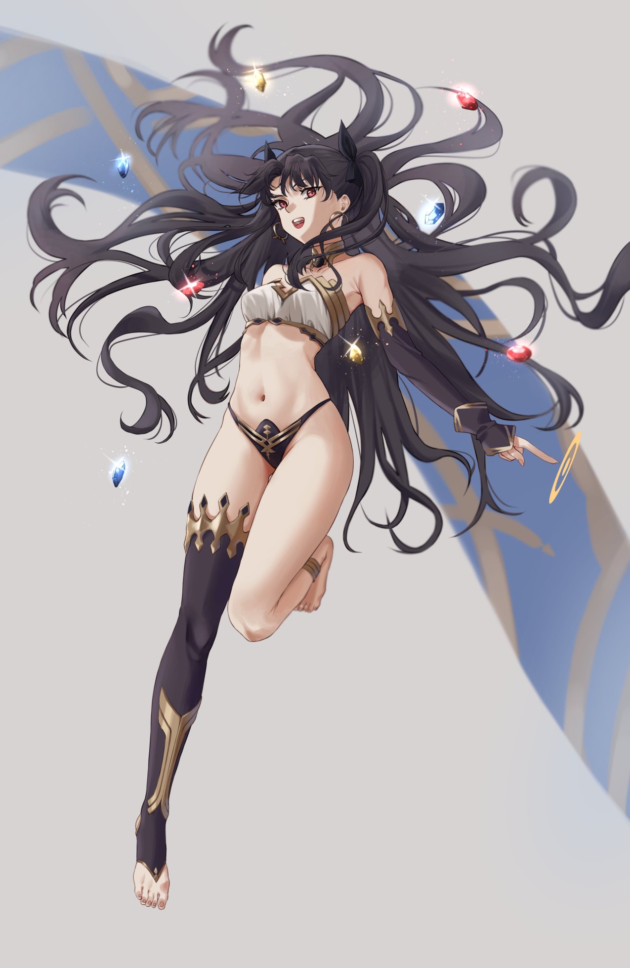 1girl black_bow bow breasts bridal_gauntlets brown_hair fate/grand_order fate_(series) gem grey_background groin hair_bow heavenly_boat_maanna highres ishtar_(fate) ishtar_(fate)_(all) long_hair navel red_eyes ryudraw single_bridal_gauntlet single_thighhigh small_breasts solo standing standing_on_one_leg stirrup_legwear thigh-highs thighs toeless_legwear very_long_hair