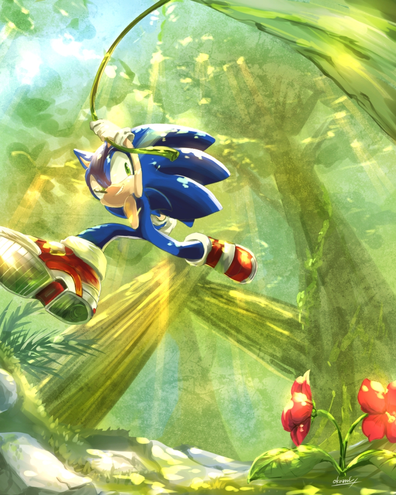 1boy animal_nose flower forest furry furry_male giant_tree green_eyes grin holding jungle male_focus nature plant red_flower red_footwear rock shoes smile solo sonic_(series) sonic_adventure_2 sonic_the_hedgehog sunlight tondamanuke tree vines