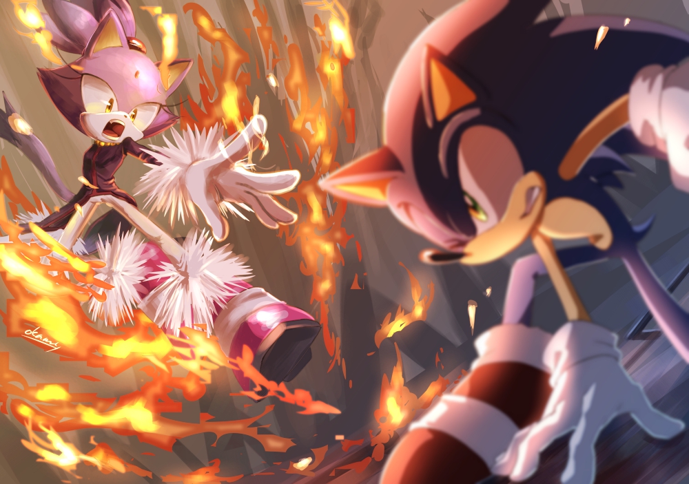 1boy 1girl arm_support battle blaze_the_cat blurry clenched_teeth dress fire furry gloves one_eye_closed open_mouth purple_dress shoes sneakers sonic_(series) sonic_rush sonic_the_hedgehog tail teeth tondamanuke white_gloves yellow_eyes
