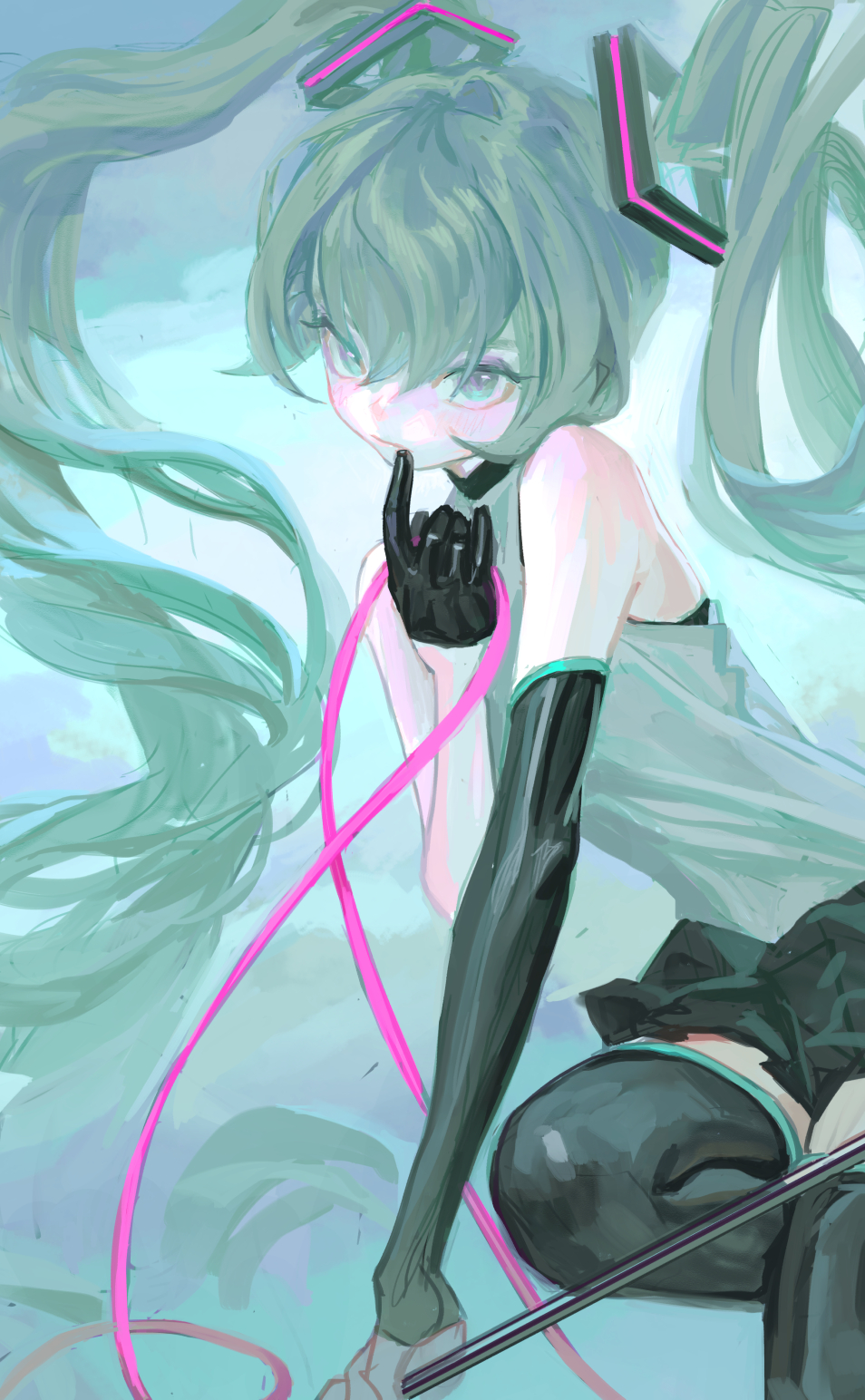 1girl black_gloves black_legwear black_skirt closed_mouth commentary detached_sleeves fkey gloves green_eyes green_hair green_theme half_gloves hatsune_miku highres long_hair looking_at_viewer miniskirt single_glove skirt solo thigh-highs twintails vocaloid