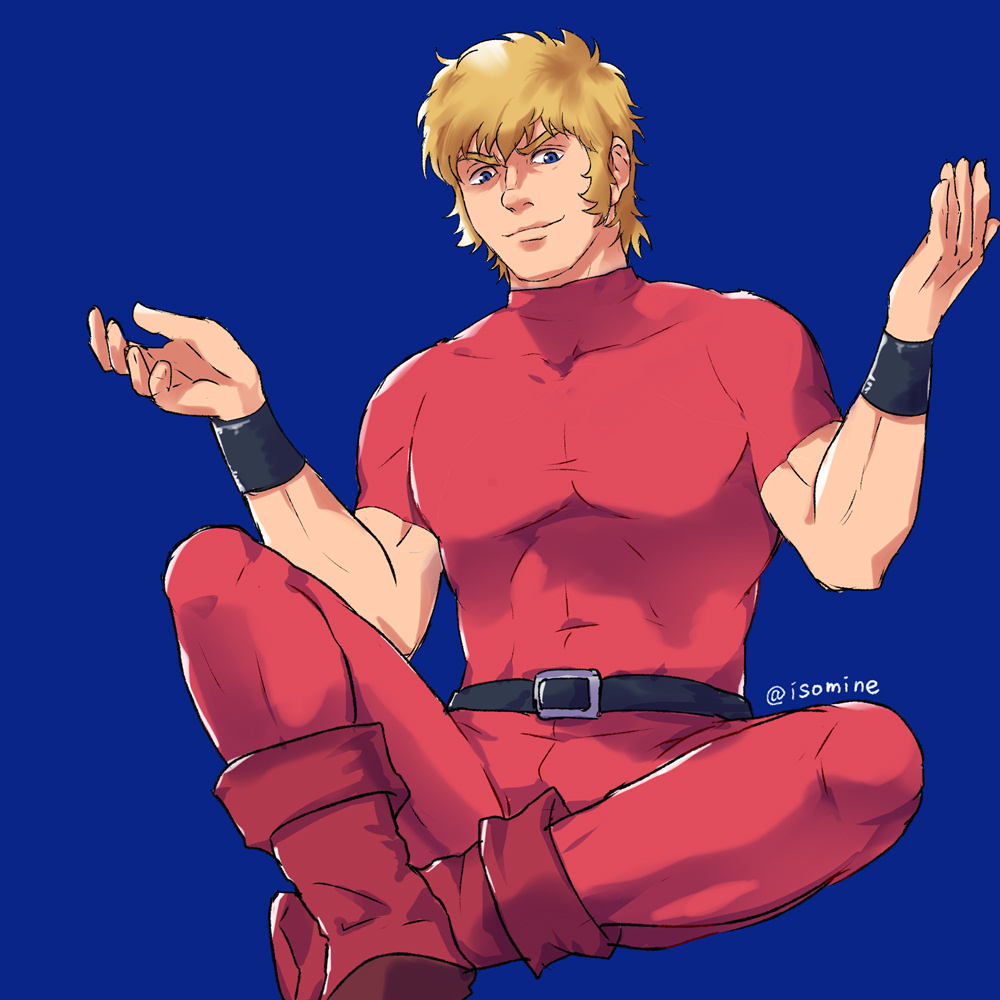 1boy artist_name belt blonde_hair blue_background boots cobra_(space_adventure_cobra) crossed_ankles hand_up isomine male_focus medium_hair pants red_footwear red_pants red_shirt shirt sideburns simple_background sitting smile solo space_adventure_cobra toned toned_male wristband