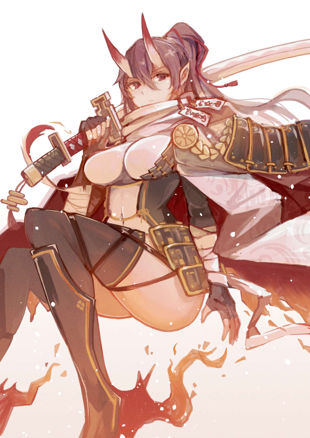 1girl azur_lane bandaged_arm bandages black_footwear black_gloves black_hair black_legwear boots breasts closed_mouth demon_horns eyebrows_visible_through_hair fingerless_gloves gloves hair_ornament hair_ribbon hairclip highres holding holding_sword holding_weapon horns izumo_(azur_lane) knee_boots long_hair looking_at_viewer medium_breasts ponytail red_eyes red_ribbon ribbon scarf sea_nami473 solo sword thigh-highs weapon white_background white_scarf