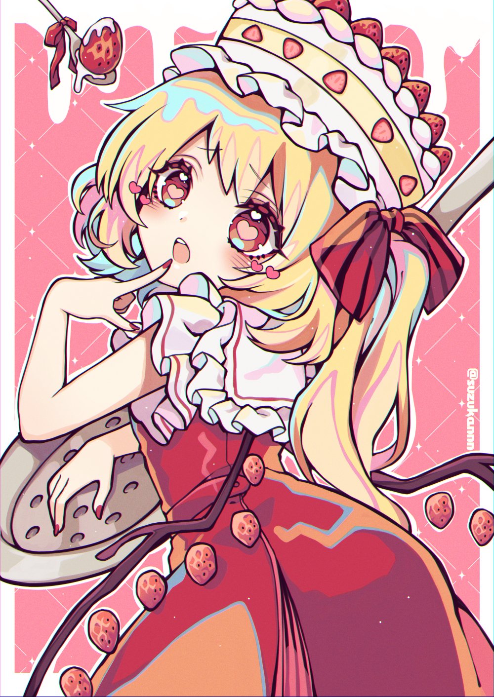 1girl :o argyle argyle_background arm_up bangs blonde_hair blush border bow cake english_commentary eyebrows_visible_through_hair finger_to_mouth flandre_scarlet food frilled_shirt_collar frills fruit furrowed_brow heart heart-shaped_pupils highres kyouda_suzuka nail_polish one_side_up open_mouth oversized_object pink_background puffy_short_sleeves puffy_sleeves red_bow red_eyes red_nails red_skirt short_hair_with_long_locks short_sleeves side_ponytail skirt solo spoon standing strawberry striped striped_bow symbol-shaped_pupils teeth touhou twitter_username upper_body upper_teeth whipped_cream wings