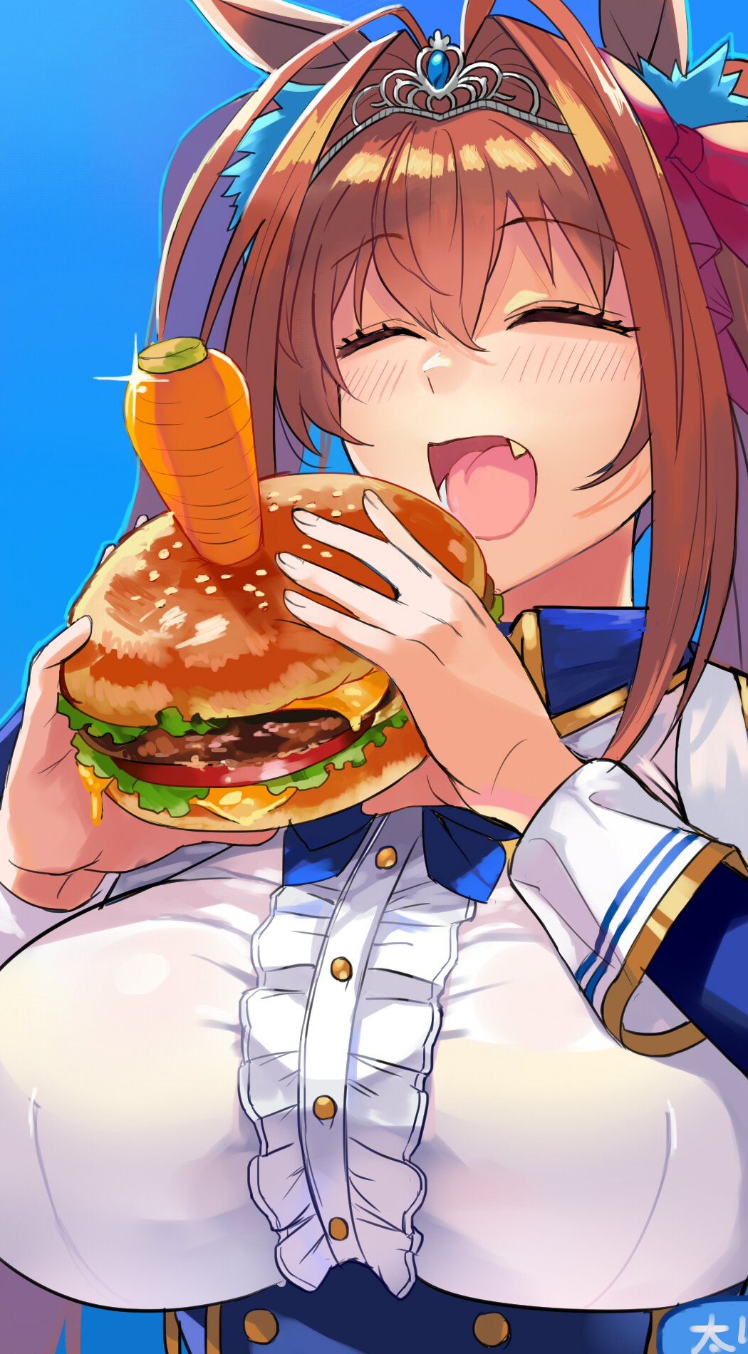 1girl ^_^ animal_ears ashita_(2010) bangs blue_background breasts burger carrot closed_eyes daiwa_scarlet_(umamusume) eyebrows_visible_through_hair fang food highres holding holding_food horse_ears horse_girl large_breasts long_hair open_mouth redhead simple_background solo twintails umamusume upper_body
