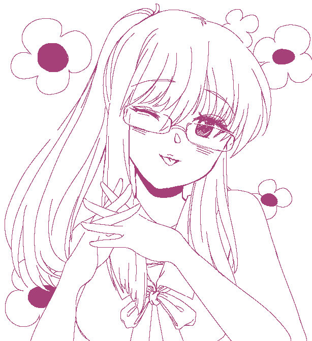1girl analogue:_a_hate_story bangs drawfag glasses hands_together hyun-ae interlocked_fingers long_hair looking_at_viewer monochrome one_eye_closed purple_theme simple_background sketch solo tongue tongue_out upper_body white_background