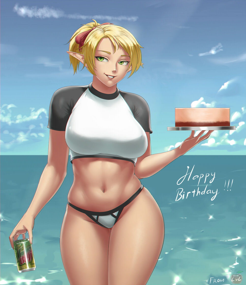 1girl bikini blonde_hair blue_sky bow breasts cake can cowboy_shot cropped_shirt day food green_eyes hair_bow happy_birthday holding holding_can holding_tray horizon large_breasts looking_at_viewer lvl_(sentrythe2310) medium_hair mountain_dew navel ocean original outdoors parted_lips pointy_ears ponytail red_bow short_sleeves signature sky smile solo standing stomach swimsuit tray white_bikini