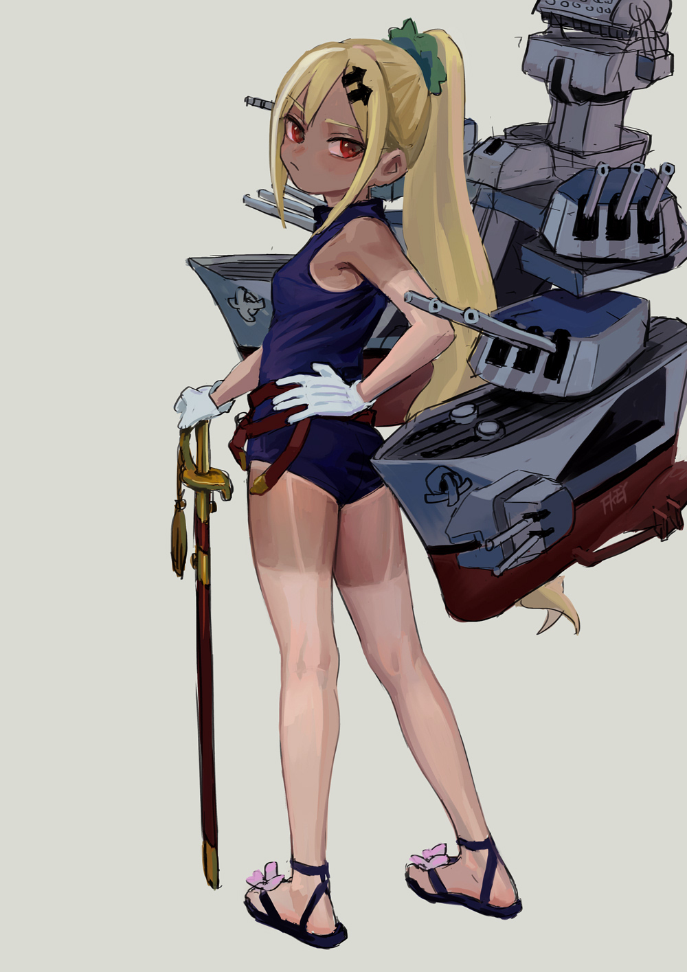 1girl blonde_hair blush breasts cannon closed_mouth copyright_request fkey from_behind gloves hair_ornament hair_scrunchie hairclip hand_on_hilt high_ponytail highres holding holding_sword holding_weapon kneepits long_hair looking_at_viewer looking_back machinery one-piece_swimsuit ponytail purple_swimsuit red_eyes rigging sandals scrunchie simple_background small_breasts solo swimsuit sword tan tanlines very_long_hair weapon white_background white_gloves