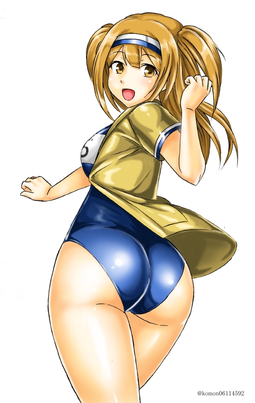 1girl ass blue_swimsuit brown_eyes brown_jacket cowboy_shot from_behind hairband i-26_(kancolle) jacket kantai_collection kudou_(ooabareteng) light_brown_eyes light_brown_hair long_hair looking_at_viewer looking_back name_tag new_school_swimsuit one-hour_drawing_challenge school_swimsuit short_sleeves simple_background solo swimsuit swimsuit_under_clothes two-tone_hairband two_side_up white_background