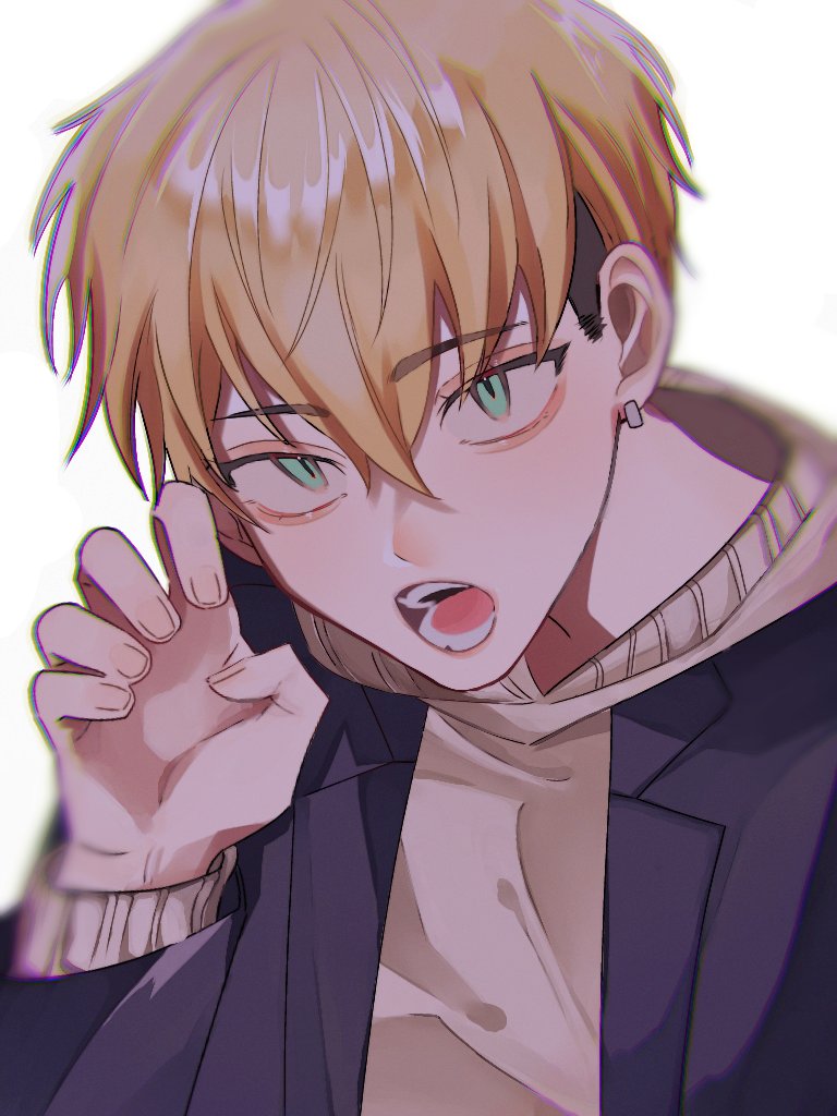 1boy black_hair black_jacket blonde_hair blue_eyes earrings eyebrows_visible_through_hair hand_up hood hood_down hoodie jacket jewelry kyou_123 long_sleeves looking_at_viewer male_focus matsuno_chifuyu open_mouth short_hair simple_background single_earring solo tokyo_revengers undercut upper_body white_background white_hoodie