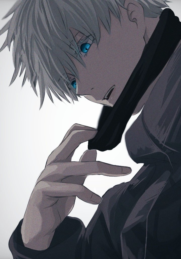 1boy bangs black_blindfold black_jacket blindfold blindfold_down blue_eyes gojou_satoru hair_between_eyes hand_up high_collar jacket jujutsu_kaisen long_sleeves looking_away male_focus mothald open_mouth short_hair simple_background solo upper_body white_background white_hair