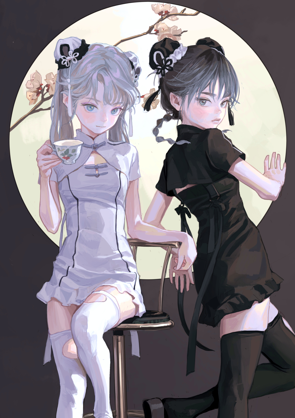 2girls black_legwear black_skirt braid branch bun_cover chair chinese_clothes closed_mouth cup double_bun fkey grey_eyes grey_hair highres holding holding_cup looking_at_viewer miniskirt multiple_girls original shoes shrug_(clothing) skirt smile standing standing_on_one_leg stool teacup thigh-highs twintails white_legwear