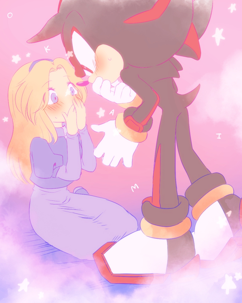 1boy 1girl blonde_hair blue_eyes blush bracelet embarrassed furry furry_male furry_with_non-furry gloves hands_over_own_mouth hetero implied_kiss interspecies jewelry maria_robotnik red_eyes shadow_the_hedgehog sonic_(series) tondamanuke white_gloves