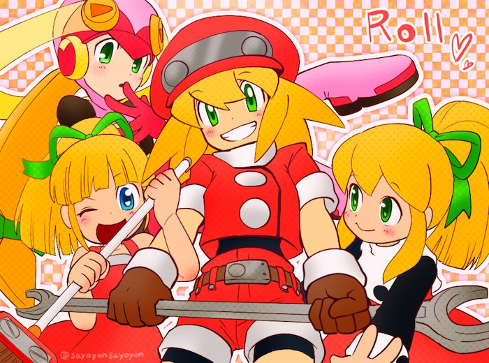 belt bike_shorts blonde_hair blue_eyes brown_gloves cabbie_hat cropped_jacket dress gloves green_eyes green_ribbon hair_ribbon hat jacket long_hair looking_at_viewer mega_man_(series) mega_man_battle_network mega_man_legends multiple_girls open_mouth ponytail red_dress red_headwear red_jacket red_shorts ribbon roll.exe_(mega_man) roll_(mega_man) roll_caskett_(mega_man) sayoyonsayoyo short_sleeves shorts smile